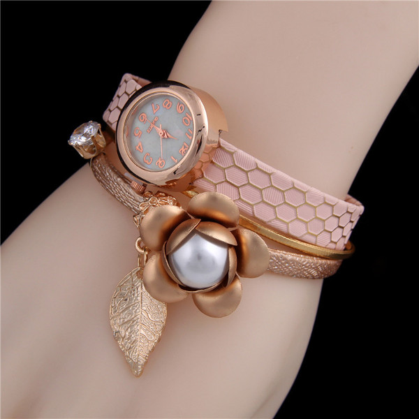 Relógio de pulso flor pingente de folha dourado cor preto