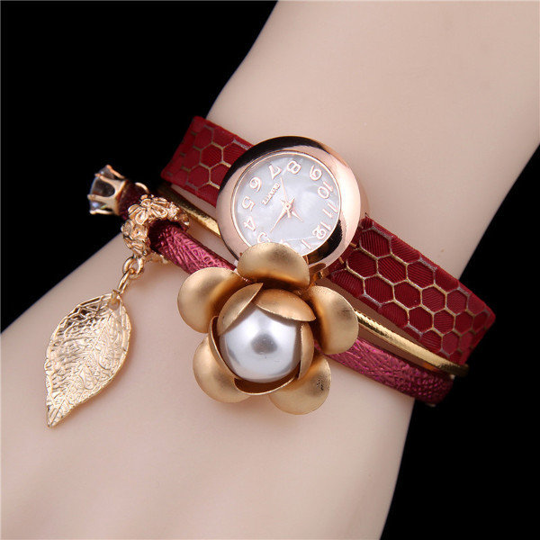 Relógio de pulso flor pingente de folha dourado cor preto